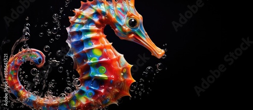 Painted colorful seahorse animal, they show off in beautiful colors. isolated black background. Pattern for t-shirt printing, Generative AI photo