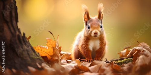 Adorable Red Squirrel with a Fluffy Tail in a Autumn Forest generative AI © Umair