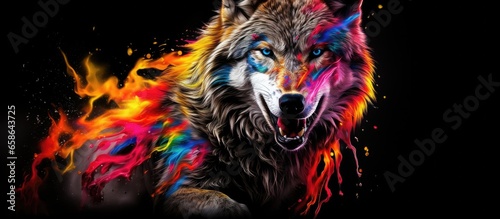 Painted colorful wolf animal, they show off in beautiful colors. isolated black background. Pattern for t-shirt printing, Generative AI