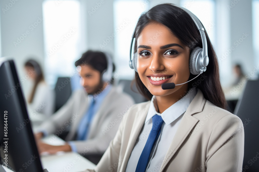 Young woman working at call center with his staff. Young woman working at call center with his staff.