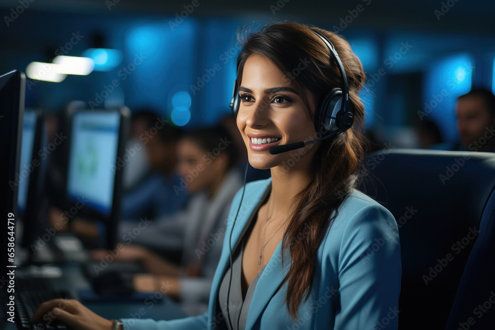Young woman working at call center with his staff. Young woman working at call center with his staff.