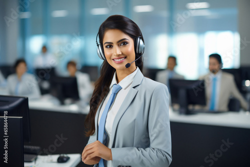 Young woman working at call center with his staff.