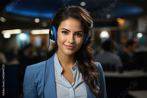 Young woman working at call center with his staff.
