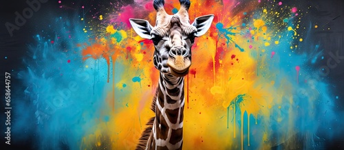 Painted colorful giraffe animal, they show off in beautiful colors. isolated black background. Pattern for t-shirt printing, Generative AI