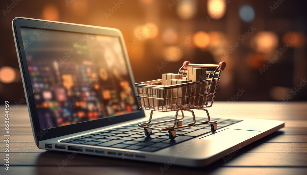 A small supermarket cart on the laptop symbolizes online product sales, Generative AI A small supermarket cart on the laptop symbolizes online product sales, Generative AI