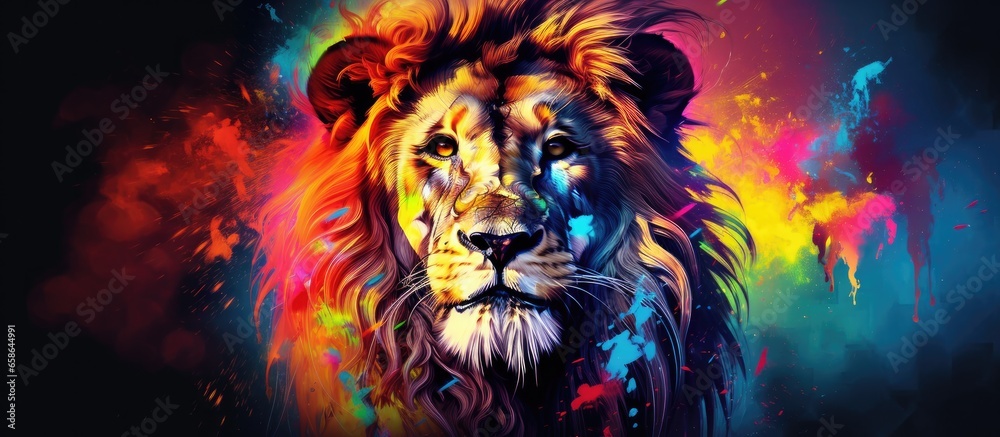Painted colorful lion animal, they show off in beautiful colors. isolated black background. Pattern for t-shirt printing, Generative AI