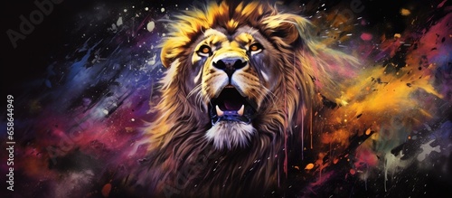 Painted colorful lion animal, they show off in beautiful colors. isolated black background. Pattern for t-shirt printing, Generative AI © dm