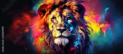 Painted colorful lion animal  they show off in beautiful colors. isolated black background. Pattern for t-shirt printing  Generative AI