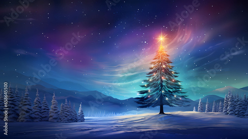 Christmas background with christmas tree, snow and stars. Beautiful christmas night.
