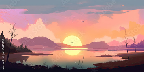 Painting of a sunset on a lake . Image for a wallpaper, background, postcard or poster