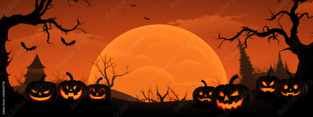 Halloween background with pumpkins and full moon. Vector illustration.