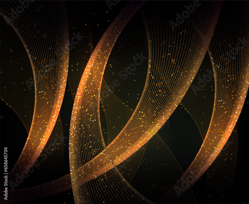 Golden wavy background with sparkles and tinsel on a black background