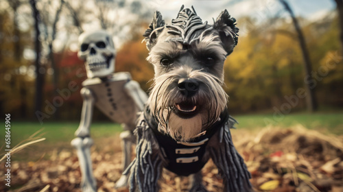 Cute miniature schnauzer dog dressed up as a skeleton.