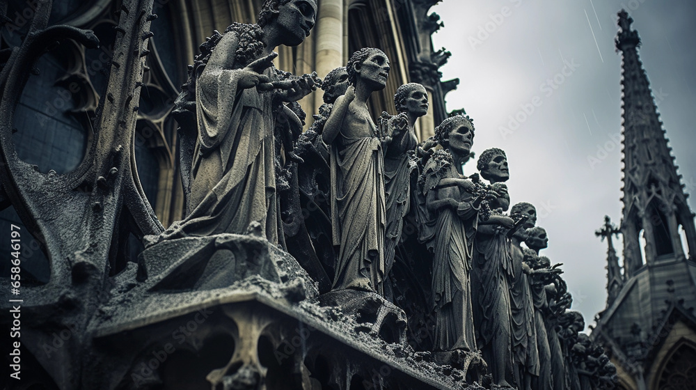 Gothic cathedral, Paris, close - up of intricate gargoyles and sculptures, overcast day, textured details, dark mood Gothic cathedral, Paris, close - up of intricate gargoyles and sculptures, overcast day, textured details, dark mood