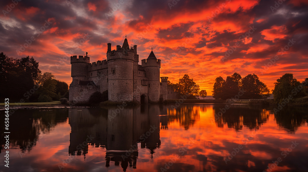 Medieval stone castle, dusk setting, silhouetted against a fiery sunset, moat reflecting the sky, dramatic cloud formations