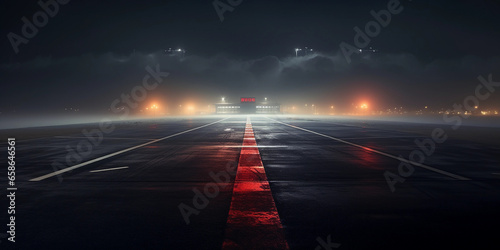 runway at night under a full moon, atmospheric fog, landing lights glowing, tower in the distance