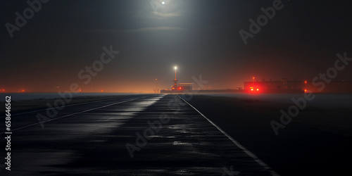 runway at night under a full moon, atmospheric fog, landing lights glowing, tower in the distance