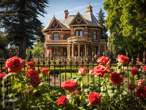 Victorian mansion, pristine condition, surrounded by an iron - wrought fence, lush garden with blooming roses, warm afternoon sunlight, architectural details accentuated