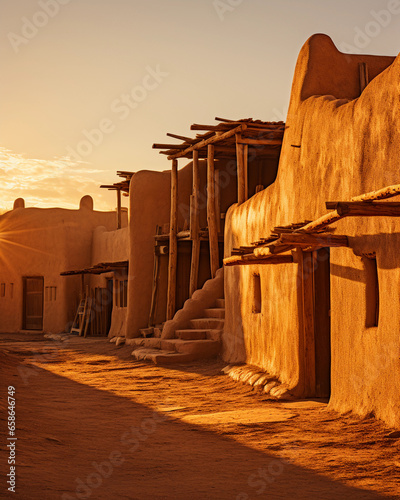 Adobe Pueblo houses, Native American village, New Mexico, golden hour, long shadows, adobe structures glowing