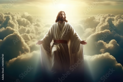 Jesus looking from the clouds above down to the world