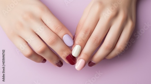 Beautiful manicure. Long almond shaped nails. Nail design. Manicure with gel polish. Close-up of the hand of a young woman with a gentle manicure on her nails. Bright nails with gel polish.