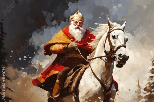 Sinterklaas (Dutch santa) riding on a white horse to bring children presents