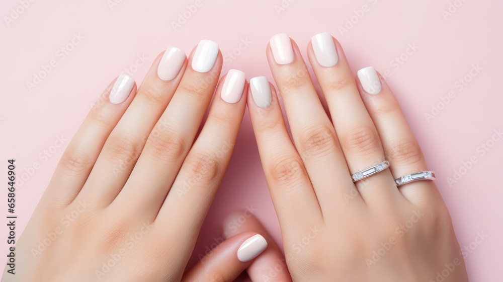 Naklejka premium Beautiful manicure. Long almond shaped nails. Nail design. Manicure with gel polish. Close-up of the hand of a young woman with a gentle manicure on her nails. Bright nails with gel polish.