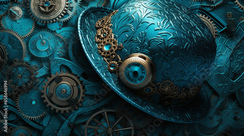 vintage background  peony  flover  products  enginer  generative  ai  steampunk  background  clockwork  brooch  blue  goold  coconut