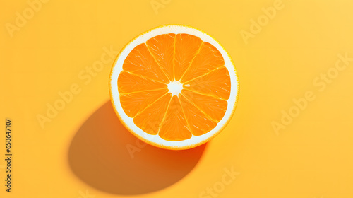Slice of Orange fruit minimalist on a yellow background. Half cut Orange bright light isolated on yellow vibrant background