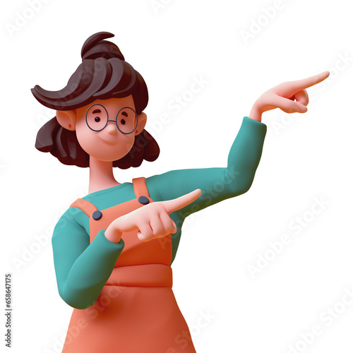 Portrait of cute kawaii positive excited smiling asian active chef girl in fashion casual clothes orange overalls, green t-shirt pointing finger showing you way. 3d render isolated on white backdrop