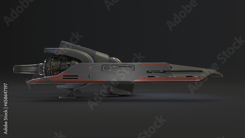 Concept assault fighter, gunship, scratched metal grey-green, orange paint, turbines, guns. Single-pilot spaceship on landing pad. Science fiction military vehicle for space wars. Side view. 3d render
