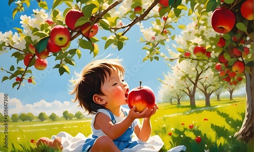 Celebrating Eat a Red Apple Day. A child bites into a juicy red apple in a vibrant orchard. Generative AI