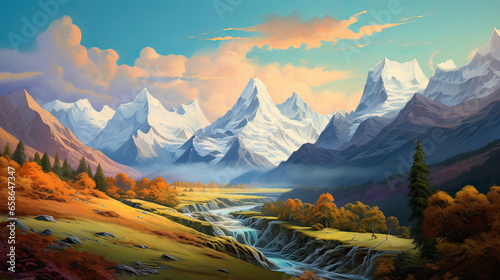 Grandeur of mountain landscapes, with peaks and valleys rendered in vivid hues AI generative