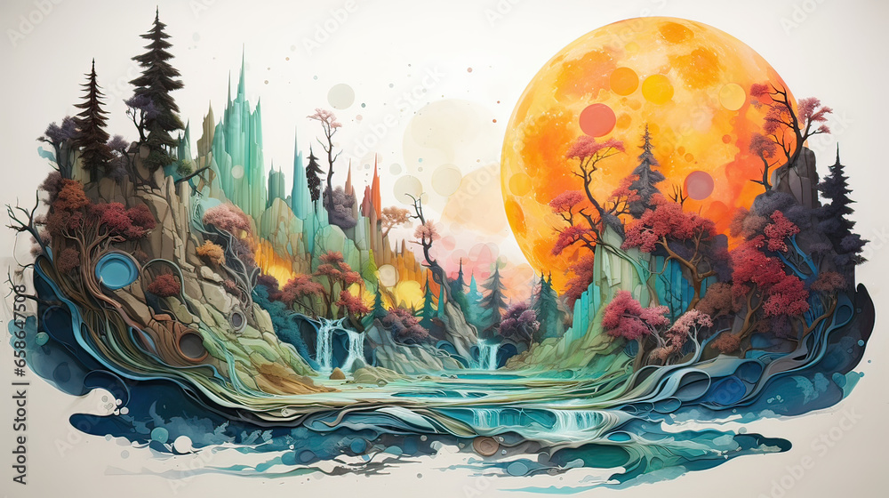 Peculiar planet with cascading watercolors replacing traditional waters AI generative Peculiar planet with cascading watercolors replacing traditional waters AI generative