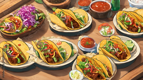 Crispy Tacos with Ground Beef  Lettuce  Tomato  and Cheese with anime 2d cartoon style illustration 