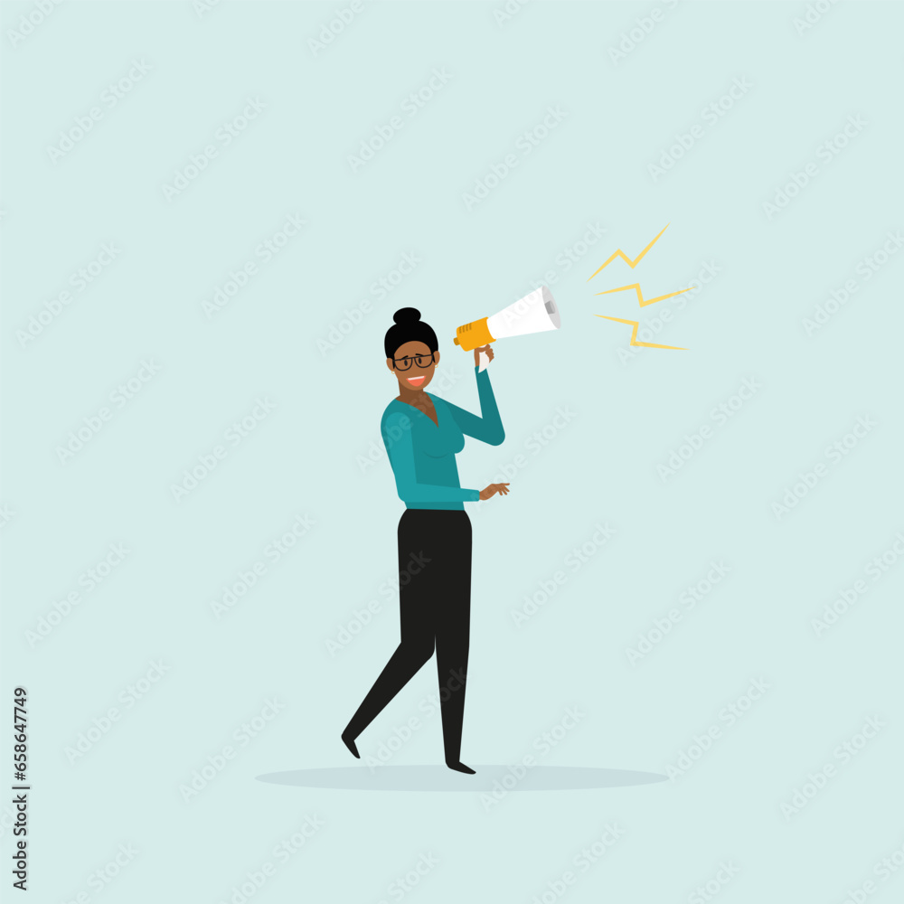 Fototapeta premium Businesswoman shouts, speaks out loud to communicate with a colleague or to attract attention. Promotion concept, confident businesswoman using megaphone to be heard. 