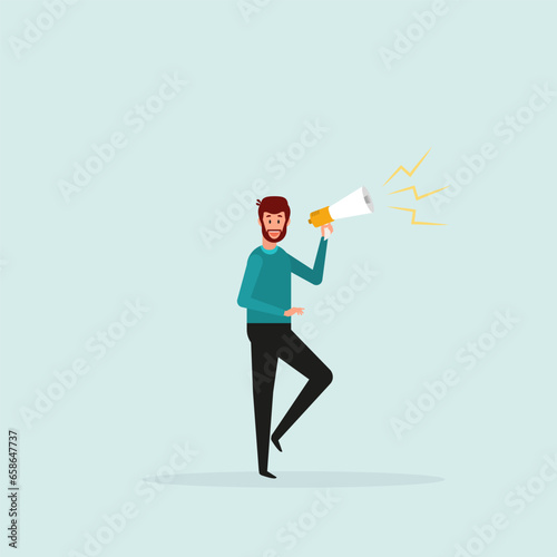 A businessman shouts, speaks out loud to communicate with a colleague or to attract attention. Promotion concept, confident businessman using megaphone to be heard. 