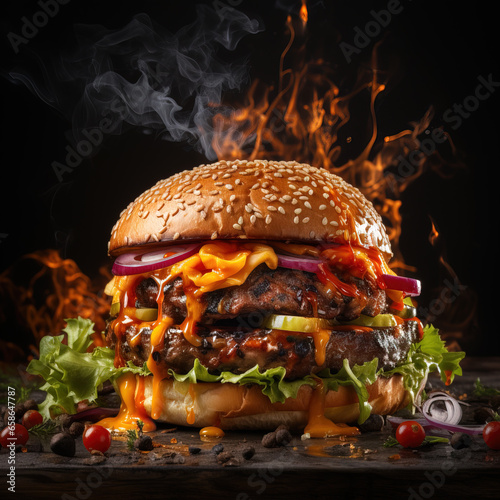 Fired burger on dark background