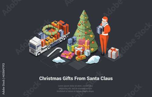 Winter Holidays, Christmas And New Year. Christmas Gifts From Santa Claus Near Decorated Christmas Tree. Set of Different Gift Boxes On Lorry With Bows And Ribbons. Isometric 3D Vector Illustration