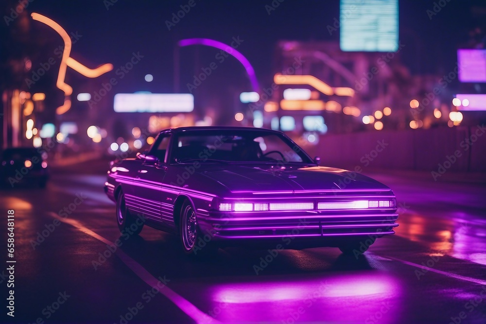 Driving in the night futuristic synth-wave car in purple neon colours