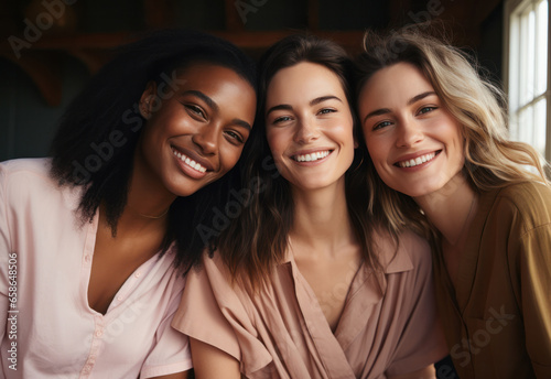 Three female friends of different races happily smiling. Student friendship, Generative AI photo