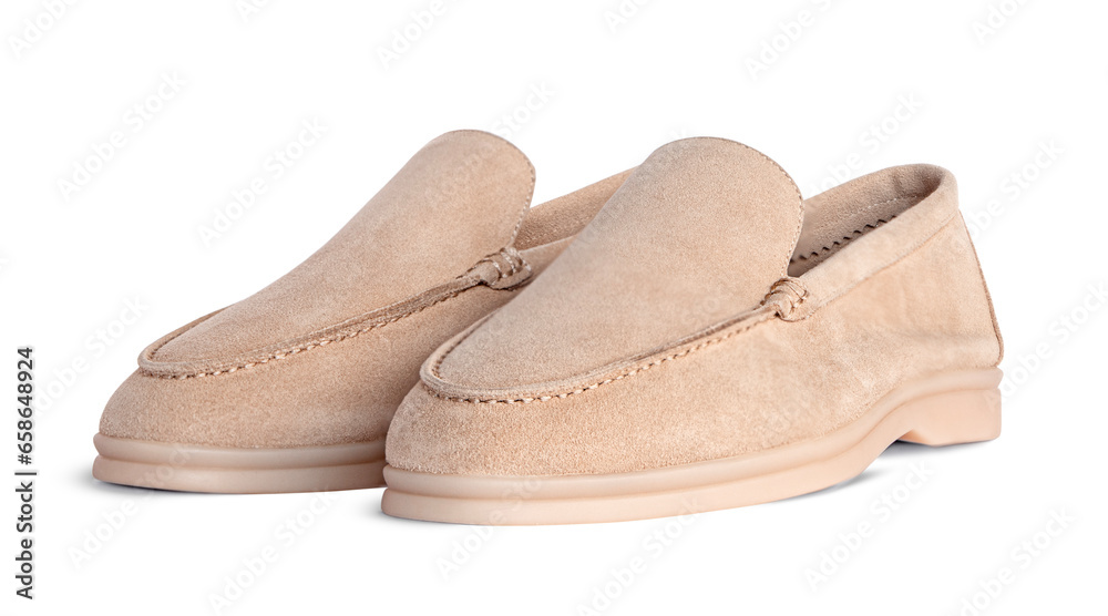 Beige suede loafers isolated on white background Beige suede loafers isolated on white background