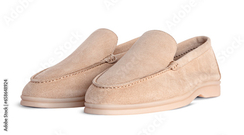 Beige suede loafers isolated on white background