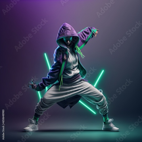 jedi hiphop girl wearing purple and green and white track suit holding lightsaber full body full tall cool warrior pose realistic studio lighting 8k hd © Santo
