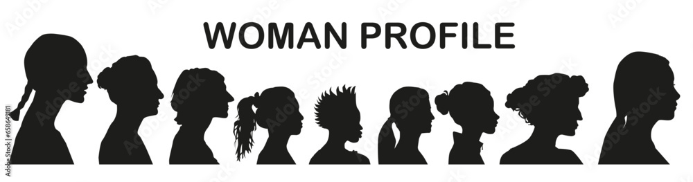 Set of vector icons of diverse female silhouettes.