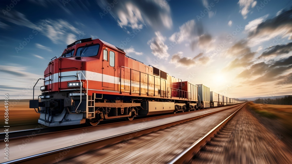 Fototapeta premium Modern Logistic Train in Motion Highlighting Seamless Transportation and Distribution Network Set Against a Damatic Sunset, Symbolizing Transport and Industry