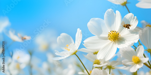 White Cosmos Flowers and Vintage Blue Sky Background White Cosmos in a Vintage Toned Blue Sky Setting generative AI