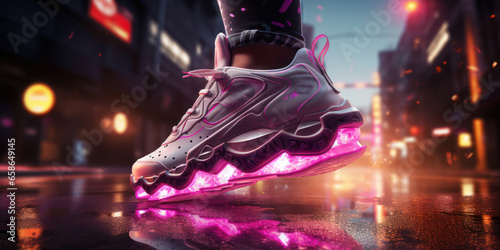 Glowing running sneakers against the backdrop of the evening city, generative AI