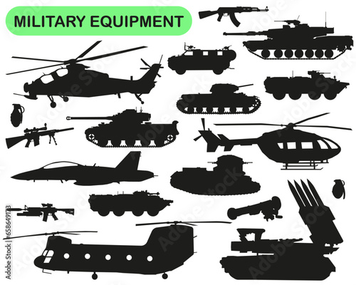 A set of military equipment. Silhouettes of military equipment. A set of planes, tanks and guns.