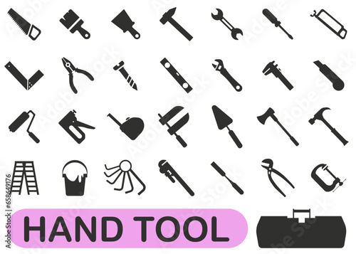 Hand tool. Set of hand tools or tools icons. Dark tool icons.